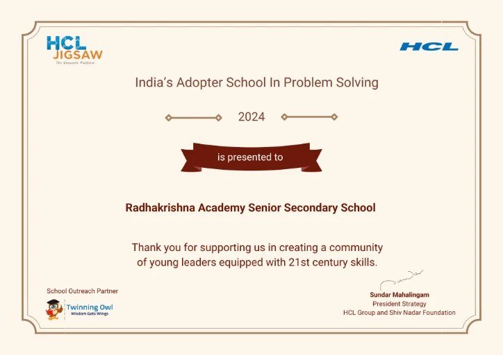 HCL Jigsaw 5.0 certificate: India's Adopter School in Problem Solving 2024, presented to Radhakrishna Academy Senior Secondary School
