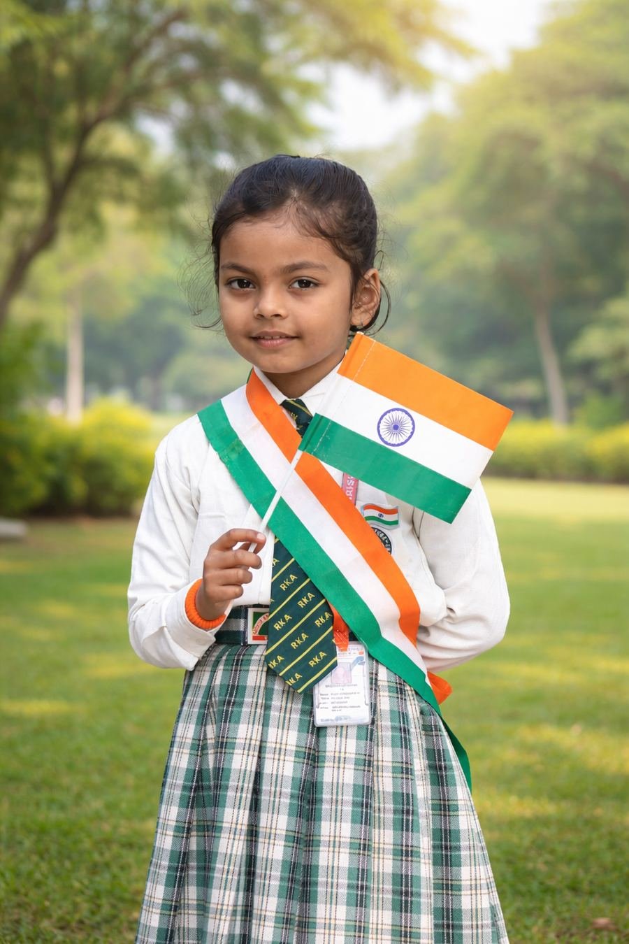 A young Radhakrishna Academy student holding the Indian flag
