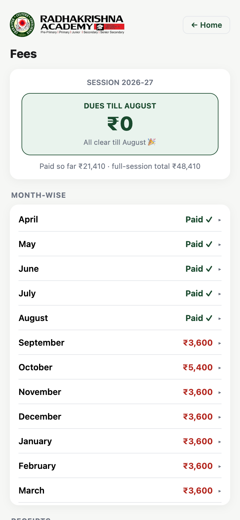 Parent App fees screen