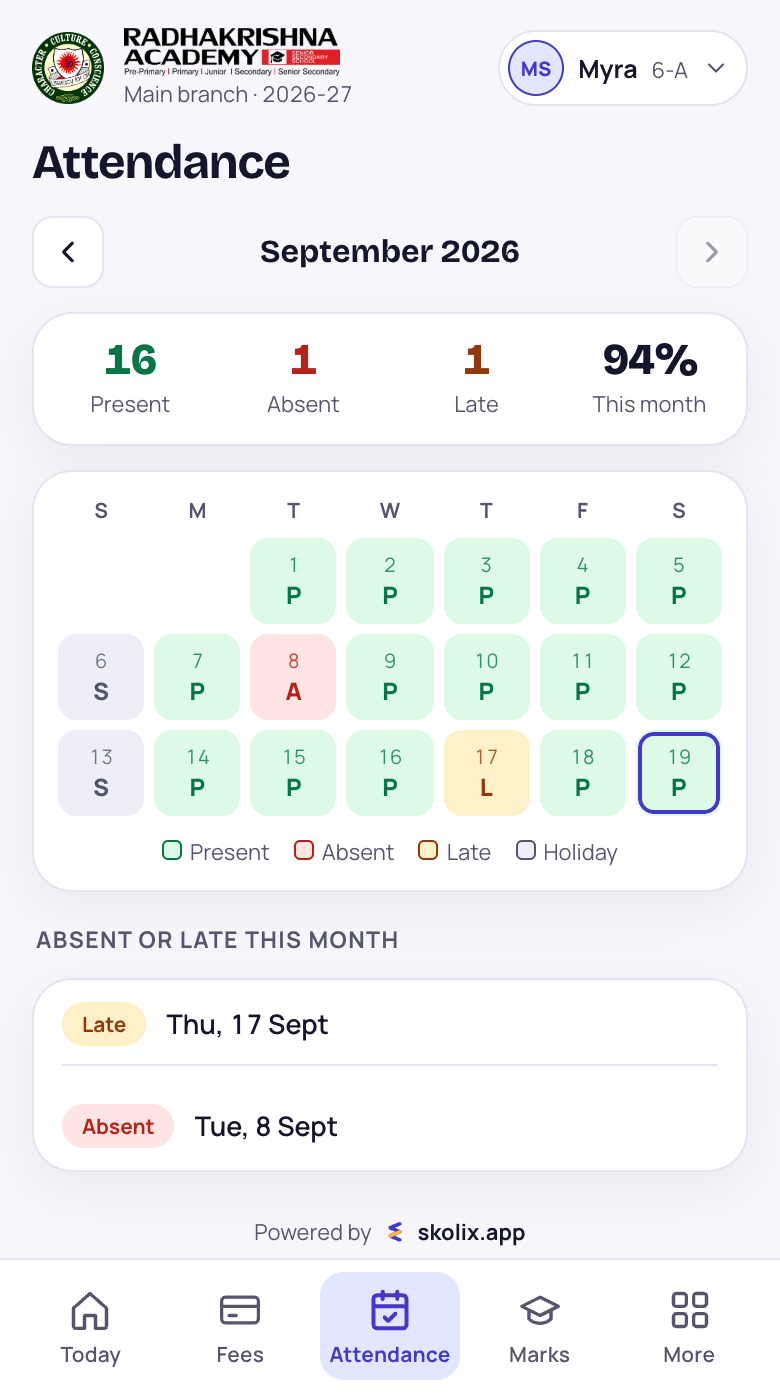 Parent App attendance calendar