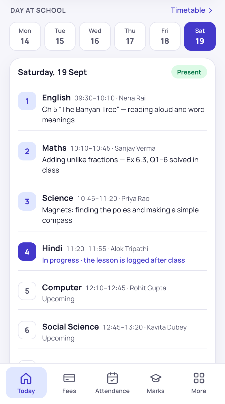 Parent App day at school — what was taught in each period
