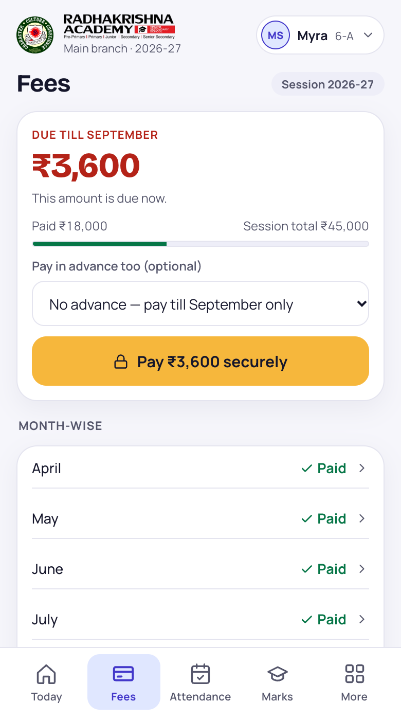 Parent App fees screen — dues, online payment and month-wise breakup