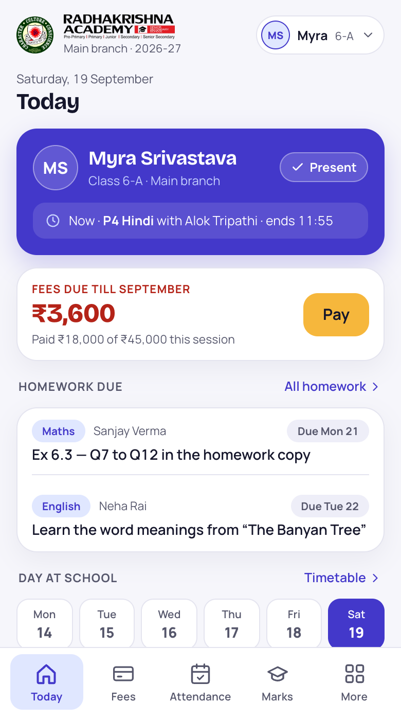 RKA Parent App — Today screen with attendance, fees and homework